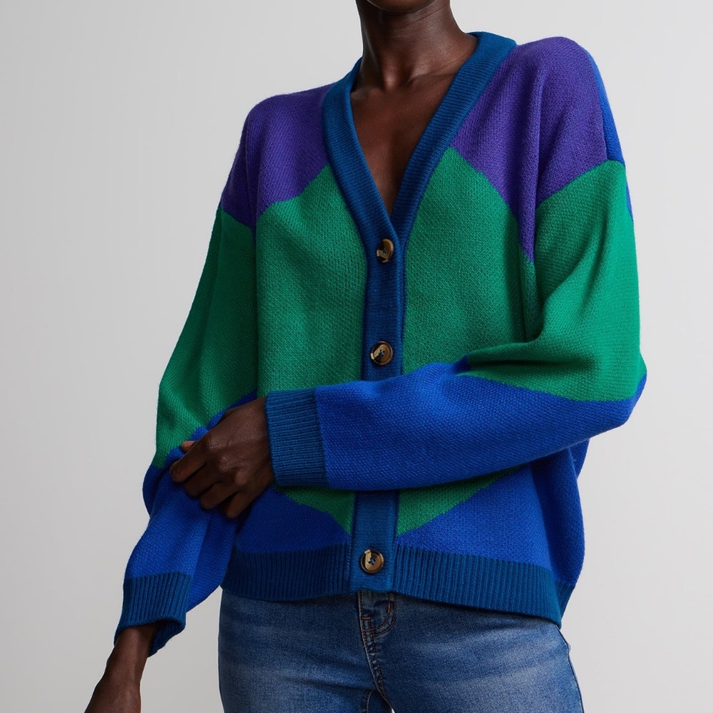 NWT NY&Co Long Sleeve Color Block Cardigan Sz S in blue and green